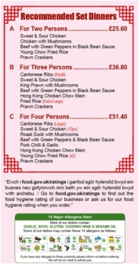 Menu of xxxxx