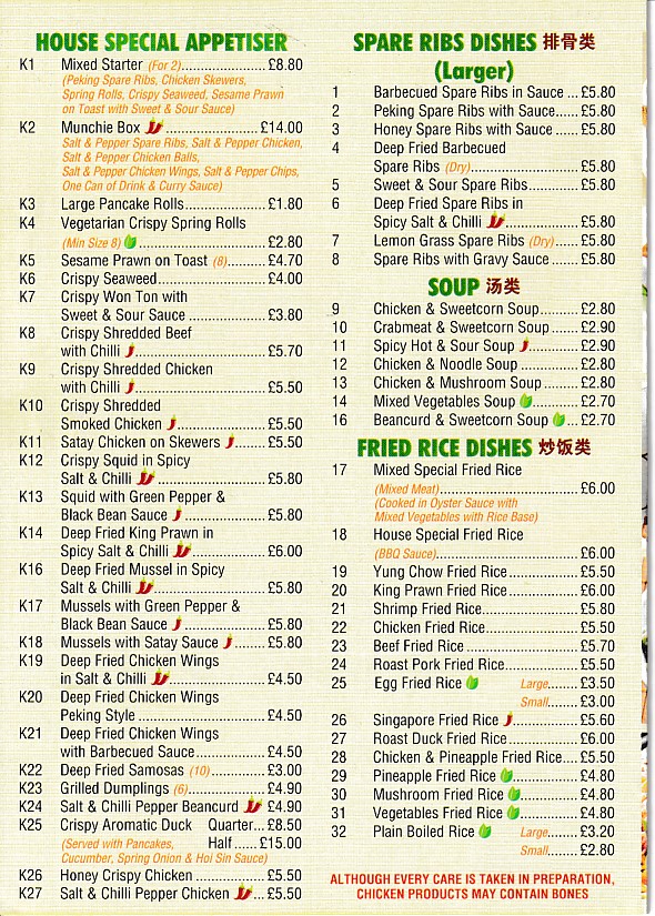 Menu of Barry Palace Chinese Takeaway