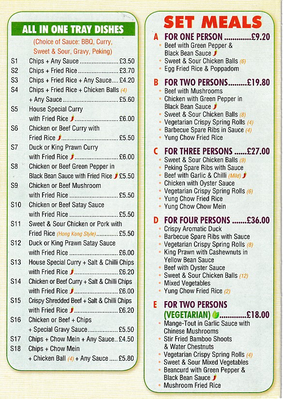 Menu of Barry Palace Chinese Takeaway