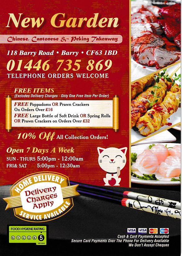 Menu of New Garden, Chinese Takeaway in Barry