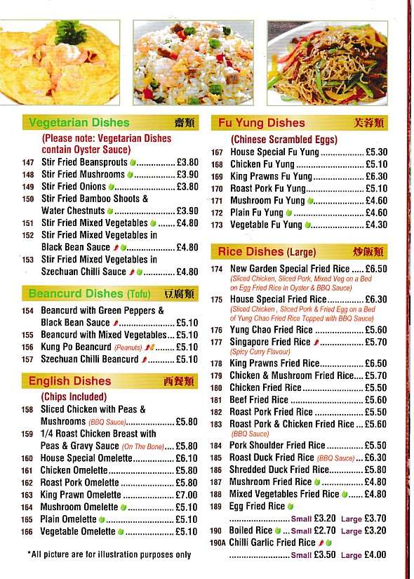 Menu of New Garden, Chinese Takeaway in Barry