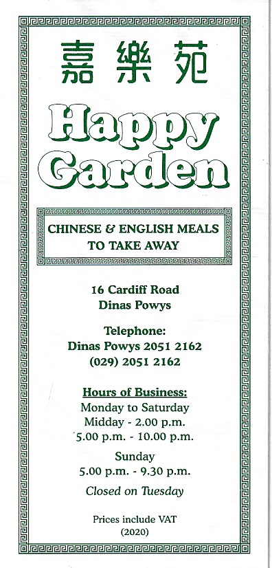 Menu of Happy Garden, Chinese Takeaway Dinas Powys