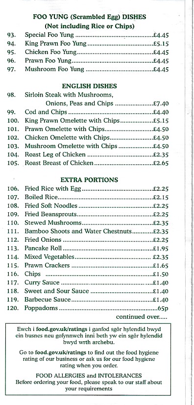 Menu of Happy Garden, Chinese Takeaway Dinas Powys